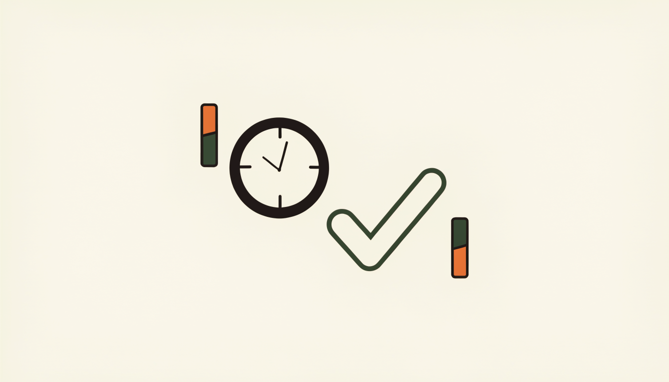 Schrijf je doelen op voor een effectieve dag Illustratie van een klok met een vinkje als symbool voor een productieve werkdag in slechts 10 minuten