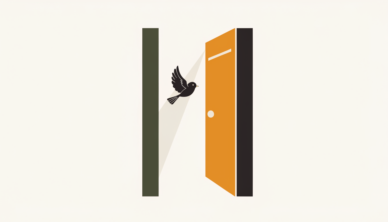 Illustratie van een open deur met licht en een vogel als symbool voor vrijheid in je werk