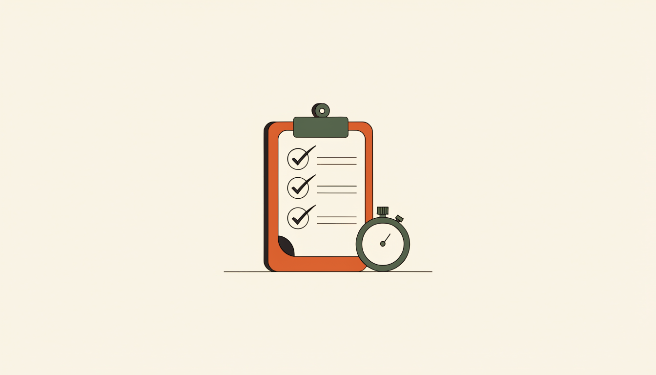 Je tijd beter invullen door effectief te vergaderen Illustratie van een klembord met checklist en stopwatch als symbool voor effectiever vergaderen