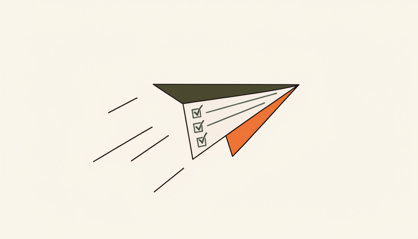 Effectiever werken en beter time management door lijstjes af te werken Illustratie van een to-do lijst gevouwen tot een papieren vliegtuigje als symbool voor moeiteloos door je takenlijst heen vliegen