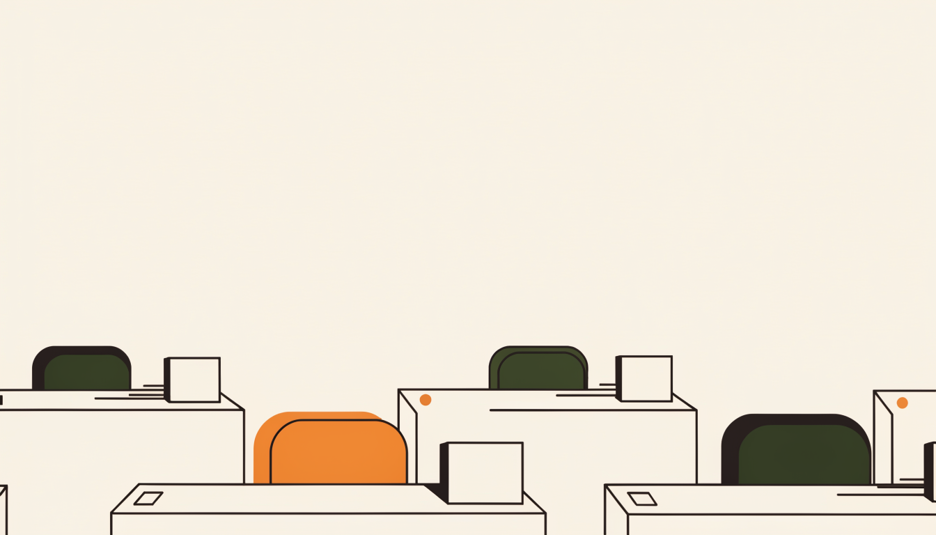 Illustratie van meerdere bureaus in een open opstelling als symbool voor werken in een kantoortuin
