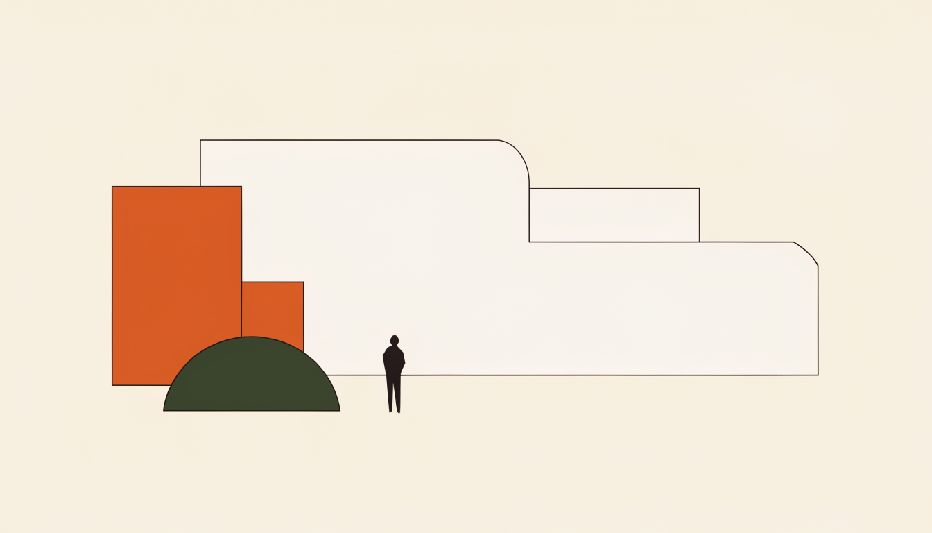 Illustratie van een figuur die afstand neemt en naar het grotere geheel kijkt als symbool voor reflectie