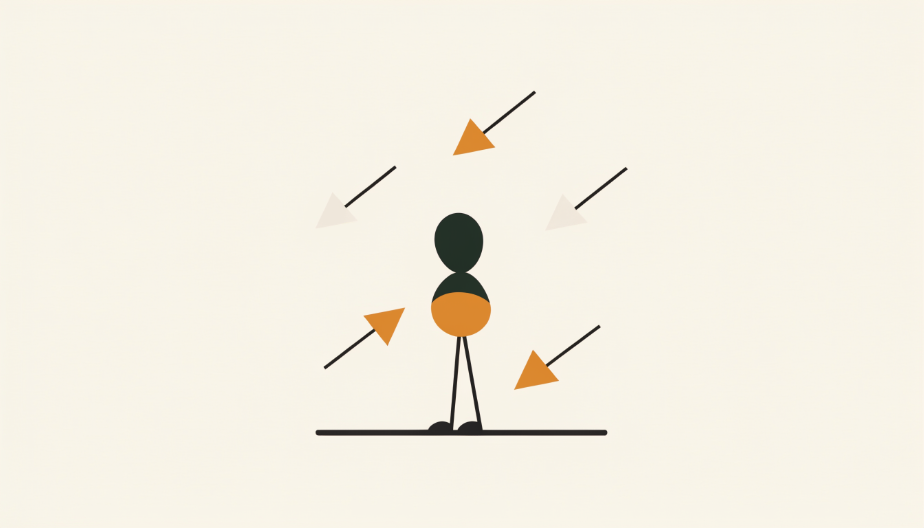 Illustratie van een rustige figuur die niet reageert op afleidingen als symbool voor bewust kiezen welke acties je oppakt