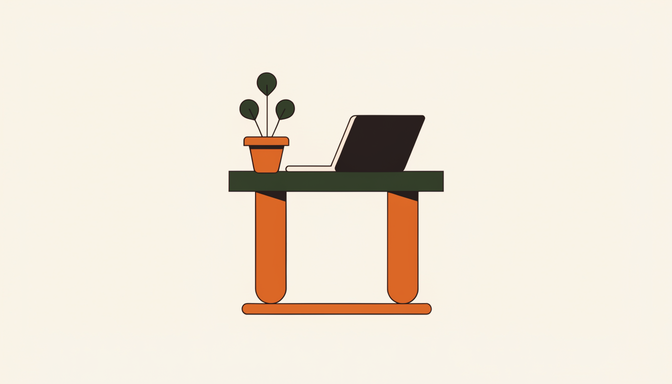 Illustratie van een bureau met laptop en plant als symbool voor een fijne werkplek op kantoor