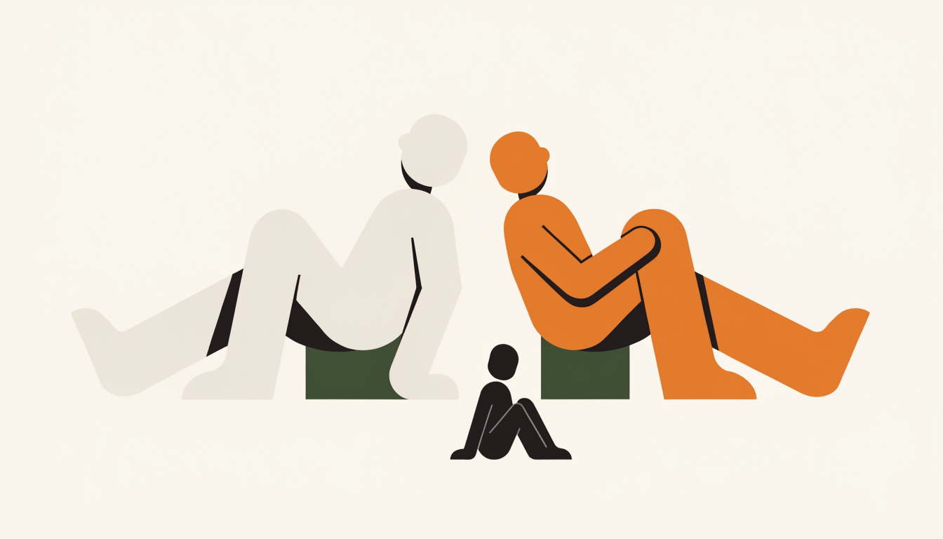 Illustratie van twee ouders en een kind die ontspannen als symbool voor een rustig weekend voor drukbezette ouders