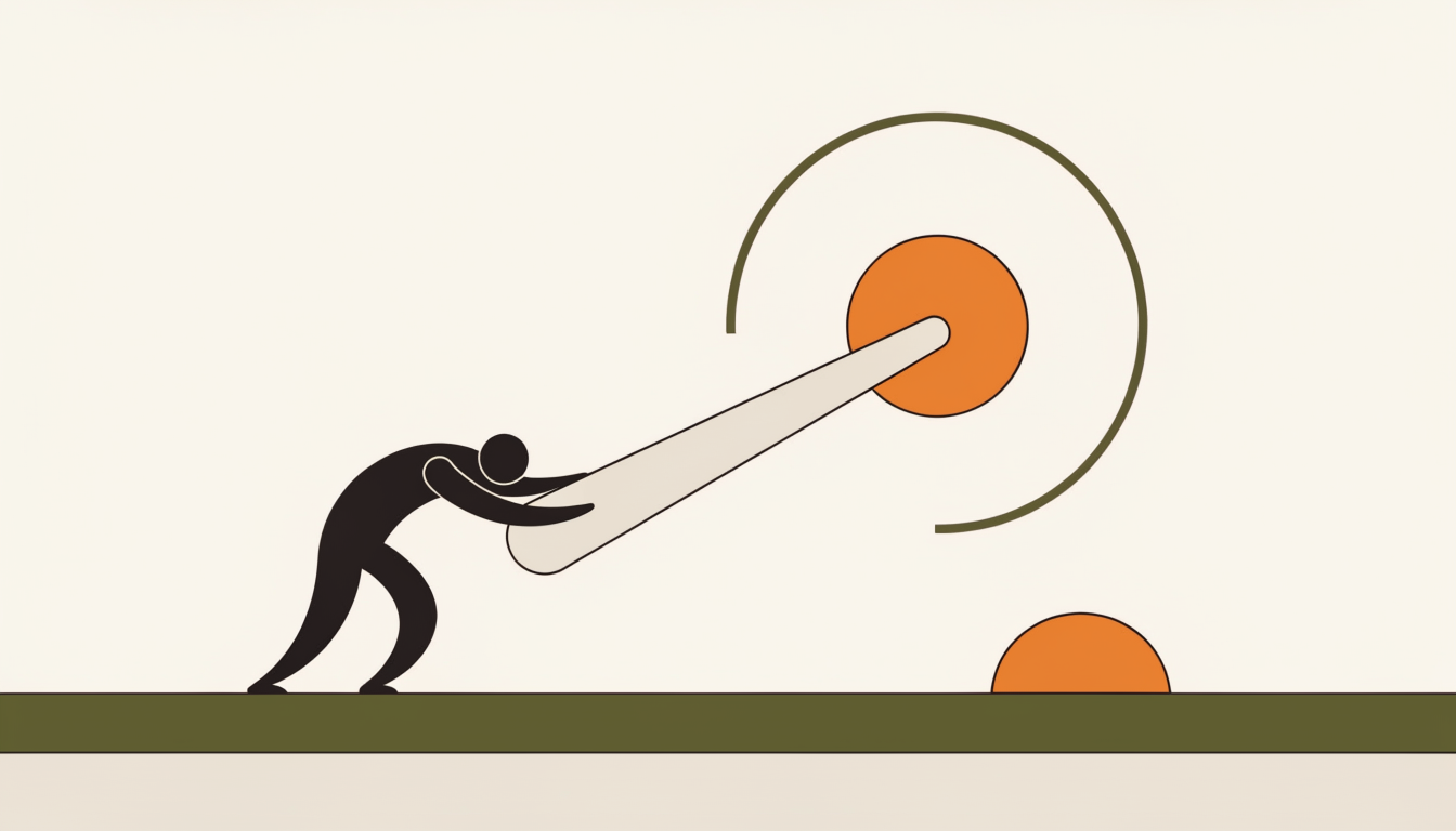 Doelen stellen Illustratie van een figuur die tegen een wijzerplaat duwt als symbool voor het overwinnen van uitstelgedrag