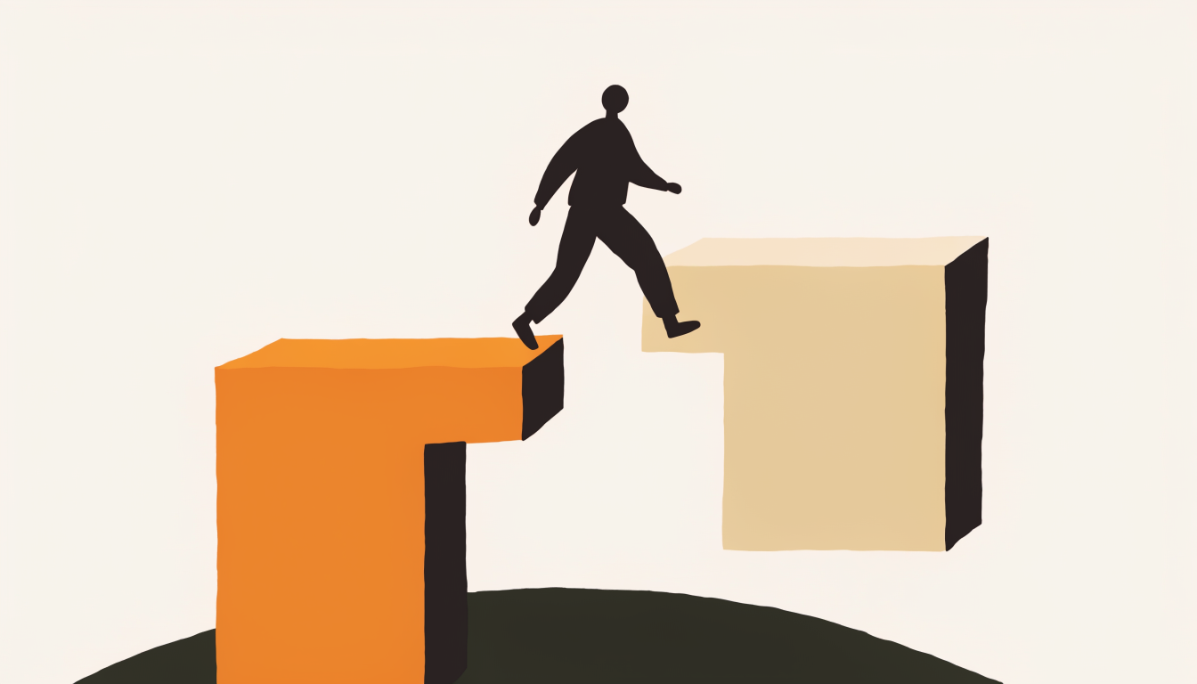 Illustratie van een figuur die zelfverzekerd over een kloof stapt als symbool voor het overwinnen van faalangst