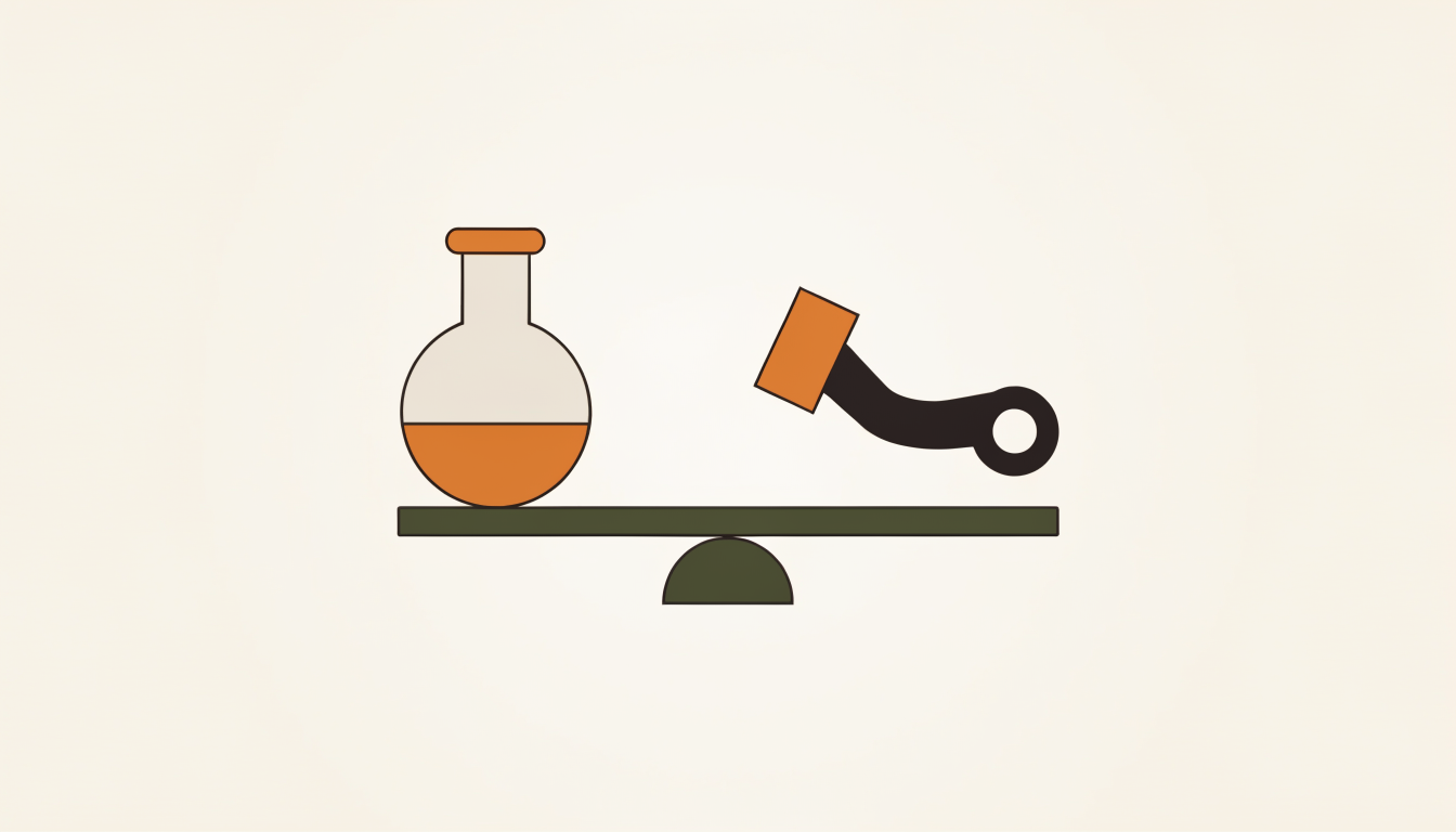 Illustratie van een weegschaal met een kolf en een moersleutel als symbool voor wetenschap versus praktijk